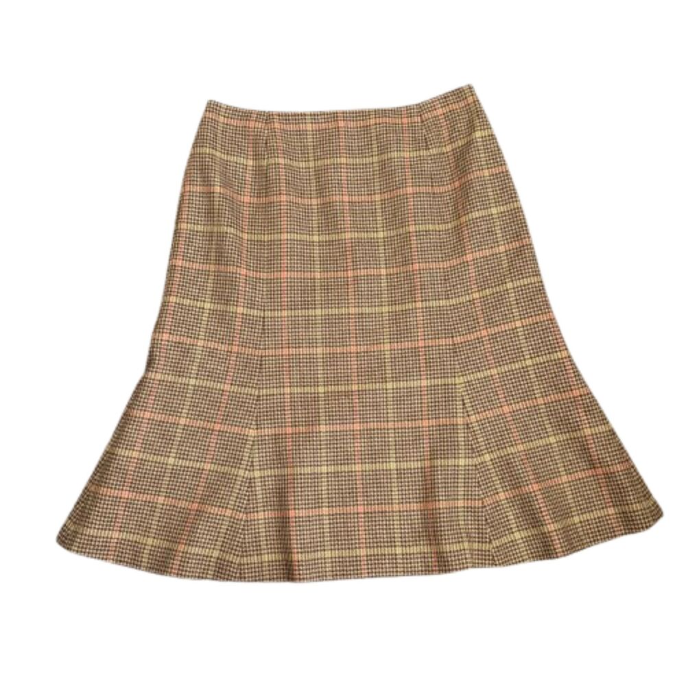 Talbots Vintage Wool Plaid A-Line Midi Skirt‎ Brown Tan Size 14 Made in Japan
